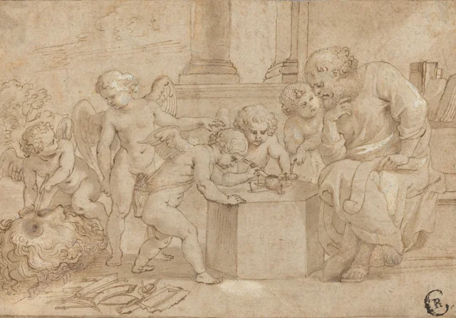 Anciano observando a unos putti disecar un ojo, Pedro Pablo Rubens