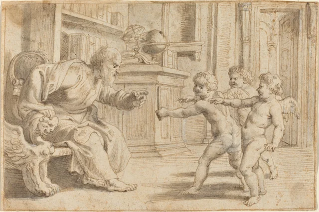 Putti testando a percepção de profundidade num homem, Peter Paul Rubens