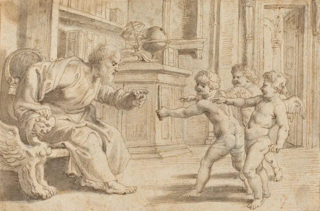 Putti poniendo a prueba la percepción de la profundidad de un hombre, Pedro Pablo Rubens