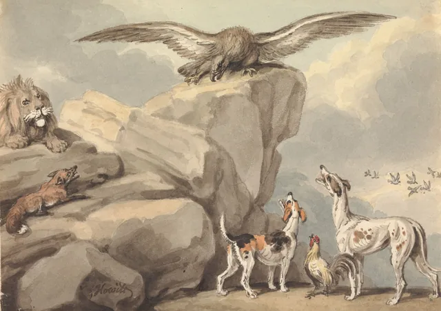Un águila posada en una roca; león, zorro, dos perros y un gallo (posiblemente para las «Fábulas de Esopo»), Samuel Howitt