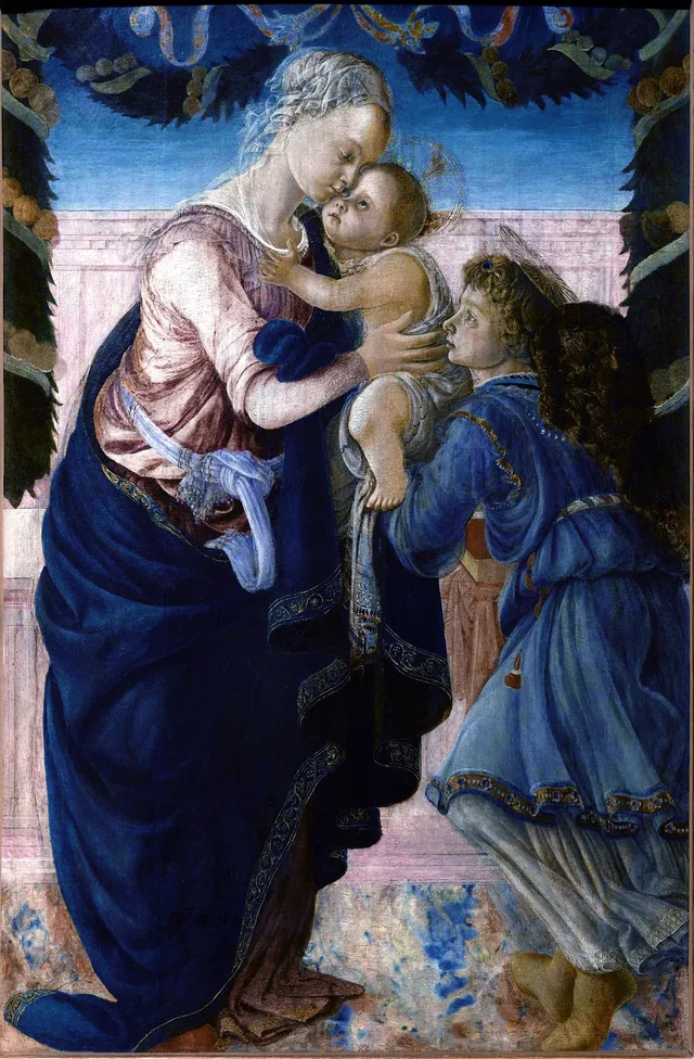 Vierge à l’Enfant soutenu par un ange sous une guirlande, Sandro Botticelli