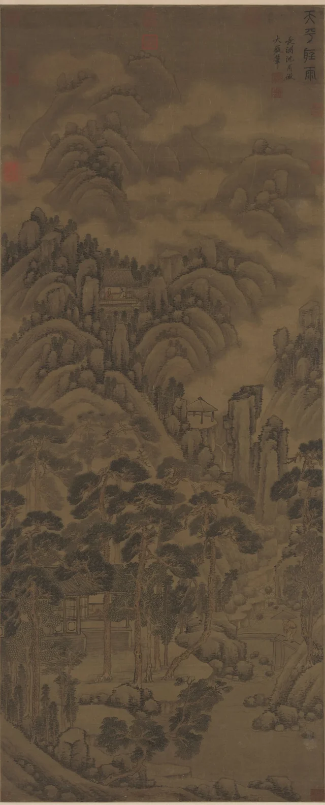 天平聴雨図, 沈周