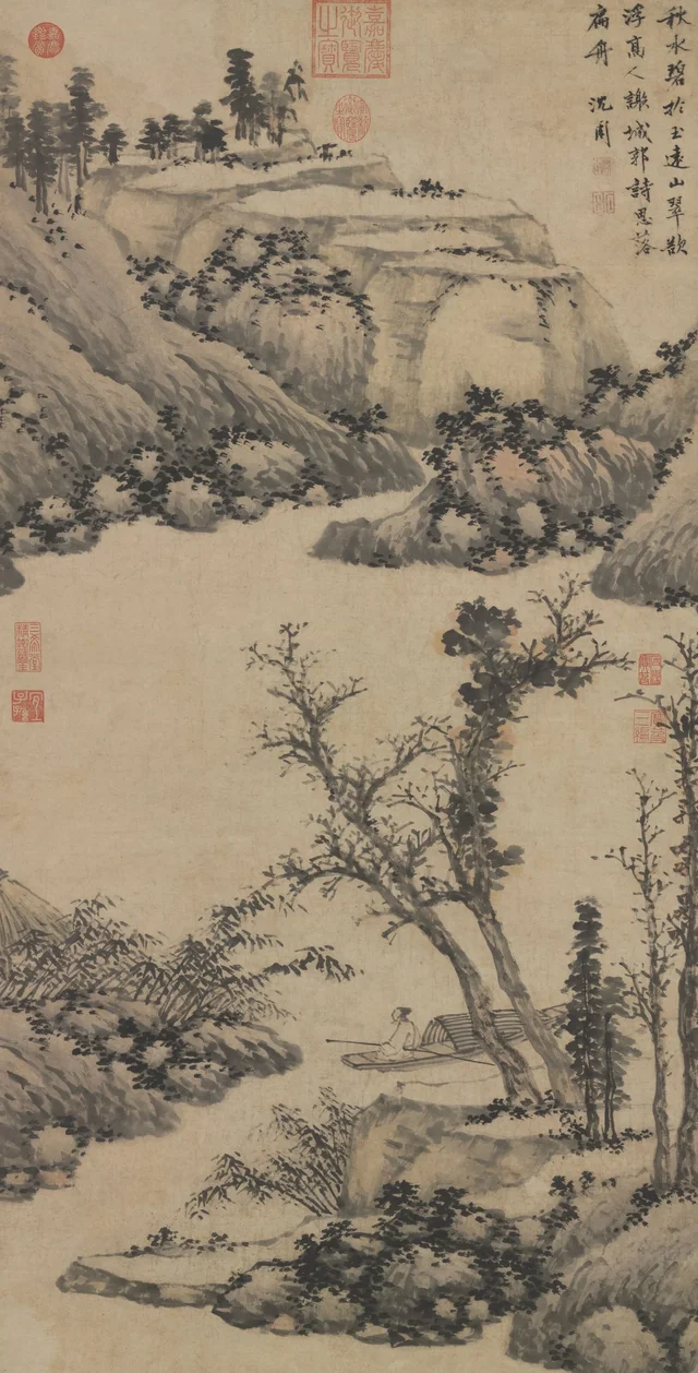 Meditar sobre poesía en una barca, Shen Zhou