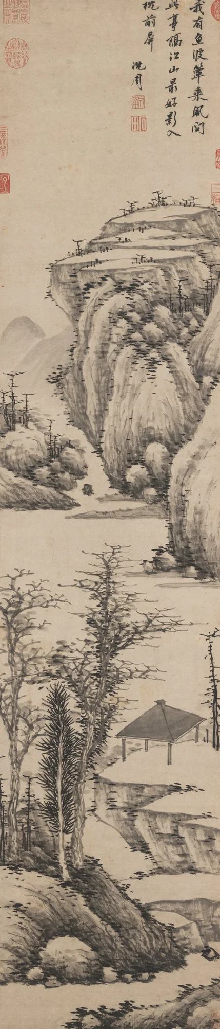 Pabellón en el bosque y paisaje de montaña, Shen Zhou