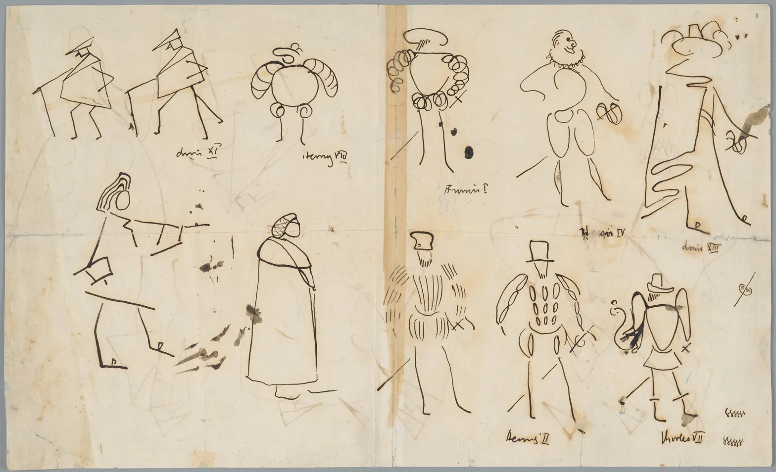 Onze caricatures historiques : Louis XI, Henri VIII, François Ier, Henri IV, Louis XIII, Louis XIV, Sigismond le Vieux, Philippe II, Henri II, Charles VII (recto) ; neuf caricatures historiques (verso), Stanisław Wyspiański