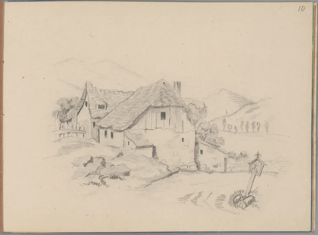 Casas de madeira diante de uma paisagem de montanha, página 10 do álbum