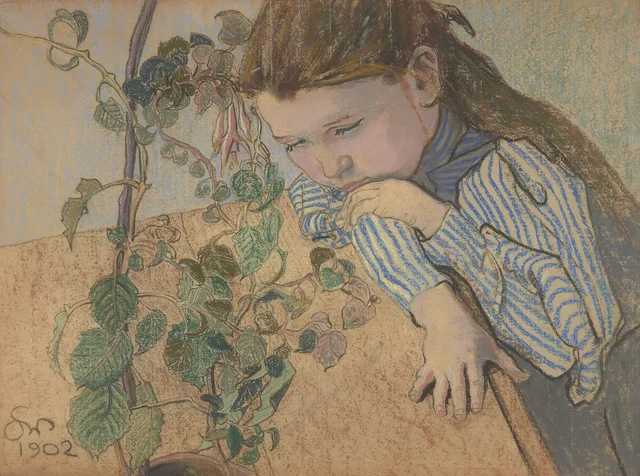 Menina apoiada numa mesa, retrato de Wanda Nowakówna