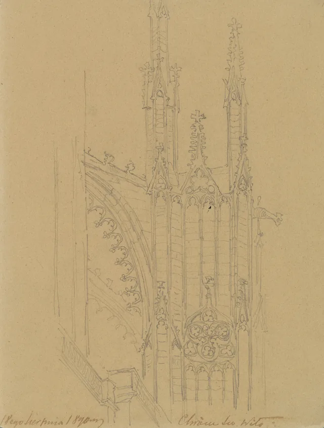 Fragmento da catedral de São Vito de Praga (frente). Leão coroado das armas da Boêmia (verso). Página 15 do álbum de Zygmunt Ehrenpreis