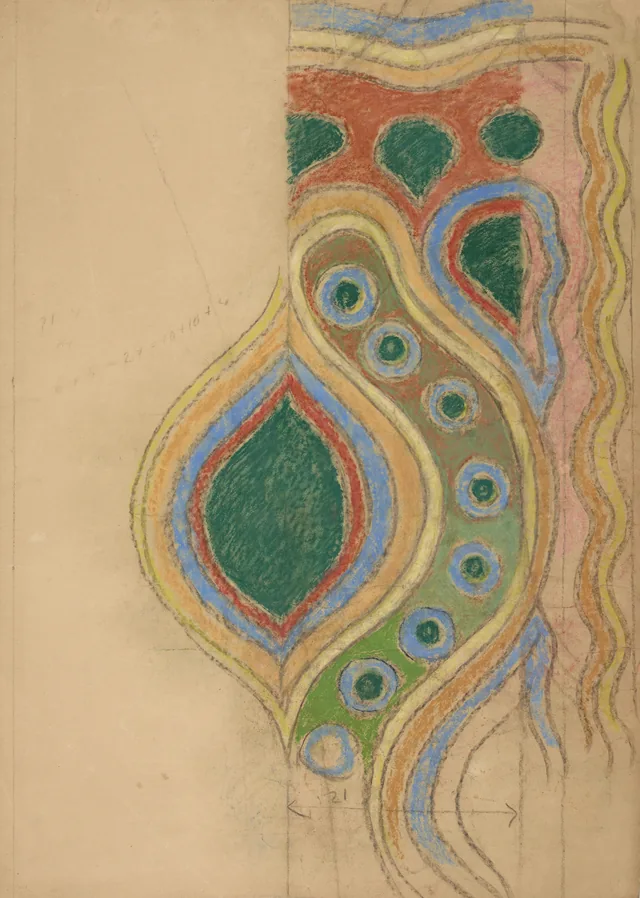 Fragmento de ornamento para la policromía del muro norte del brazo del transepto de la iglesia de los Franciscanos de Cracovia, pluma de pavo real estilizada, Stanisław Wyspiański