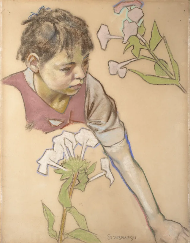 Cabeça de menino e flores