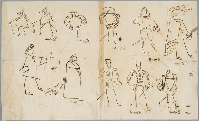 Onze caricaturas históricas: Luís XI, Henrique VIII, Francisco I, Henrique IV, Luís XIII, Luís XIV, Sigismundo, o Velho, Filipe II, Henrique II, Carlos VII (frente); nove caricaturas históricas (verso)