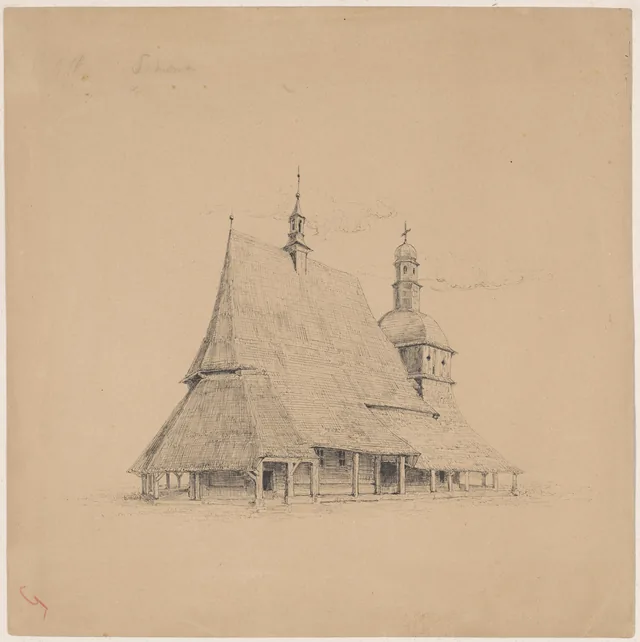 A igreja dos santos Filipe e Tiago em Sękowa, ilustração do tomo I do «Portfólio do Grupo dos conservadores da Galícia ocidental», Cracóvia, 1900