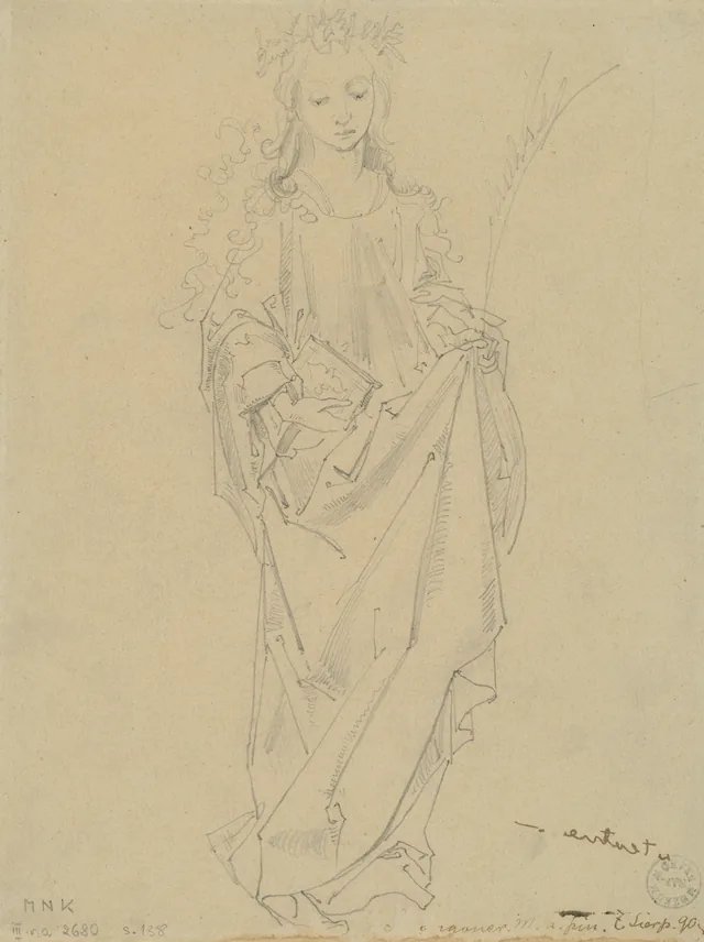 Lucrécia segundo um quadro de Albrecht Dürer (frente). Santa Inês segundo uma gravura de Martin Schongauer (verso). Página 3 do álbum de Zygmunt Ehrenpreis