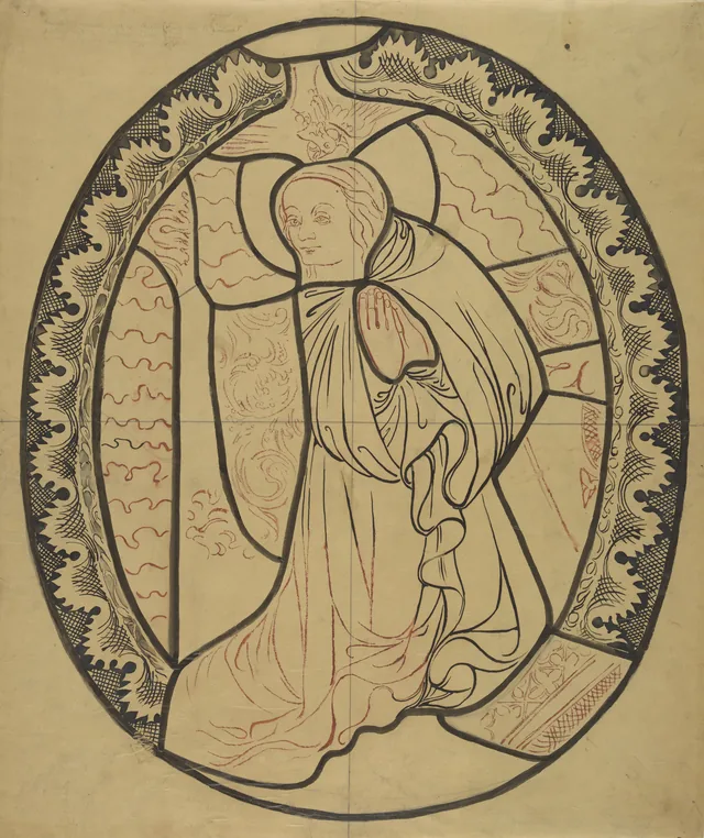 A Santa Virgem, cena da «Anunciação» (parte direita), reconstituição artística de um painel de vitral da igreja dos Dominicanos de Cracóvia