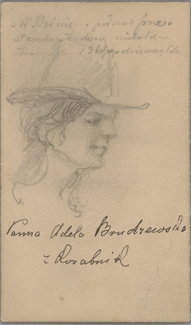 «Mademoiselle Adela Brudzewska de Korabniki», esboço de retrato num cartão de visita de Stanisław Wyspiański