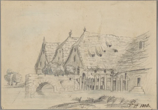 Paisagem com casas de madeira e uma pequena ponte de pedra (desenho da época do liceu Sant'Ana de Cracóvia)