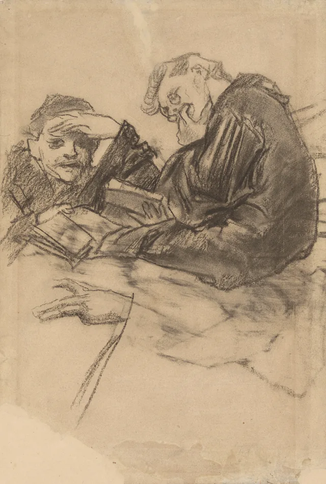 Retrato duplo de Józef Mehoffer no ateliê de Paris, estudo para o vitral de Mehoffer da catedral latina de Lviv
