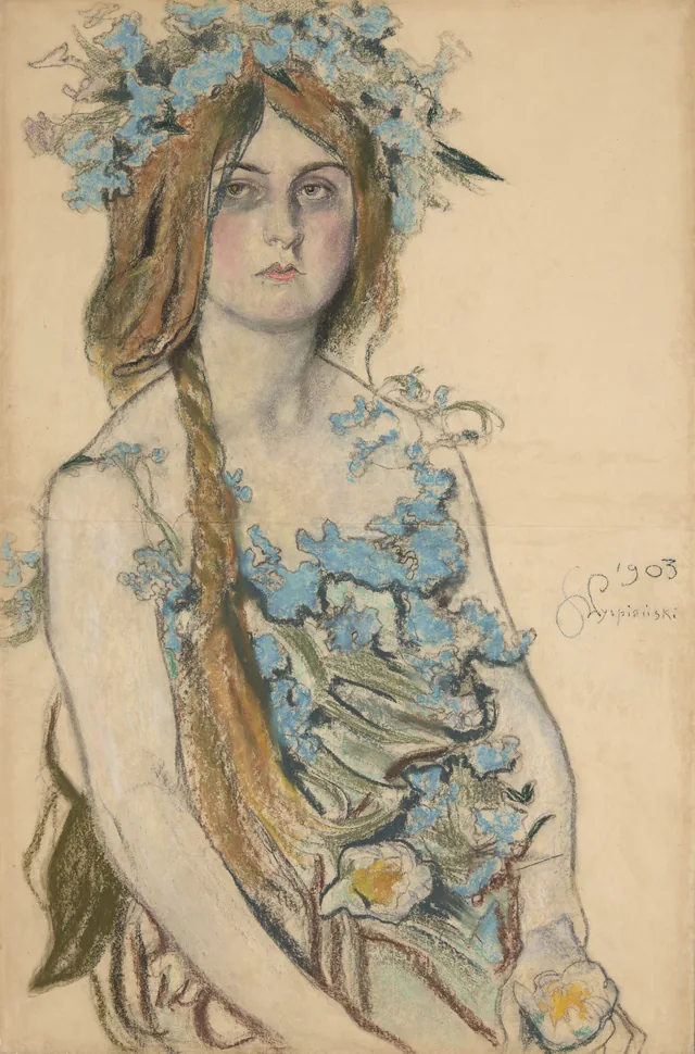 Retrato de Władysława Ordon-Sosnowska no papel de Krasawica na peça «Boleslau, o Ousado» de Stanisław Wyspiański