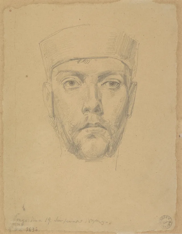 Frente: Virgem com o Menino e Santa Madalena da catedral de São Vito de Praga; verso: autorretrato. Página 18 do álbum de Ehrenpreis