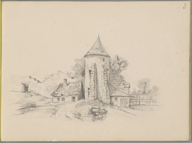 Ruínas de um muro de castelo com uma torre, página 3 do álbum