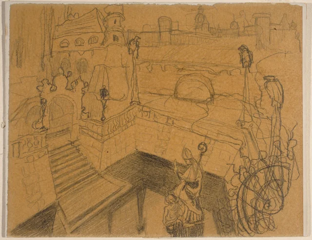 A lagoa de Skałka em Cracóvia, projeto de ilustração para a capa do drama «Skałka», Stanisław Wyspiański