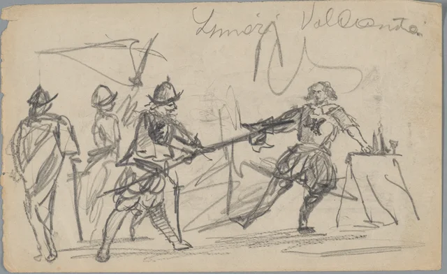 A morte de Albrecht von Wallenstein, página do portfólio de desenhos da época do liceu