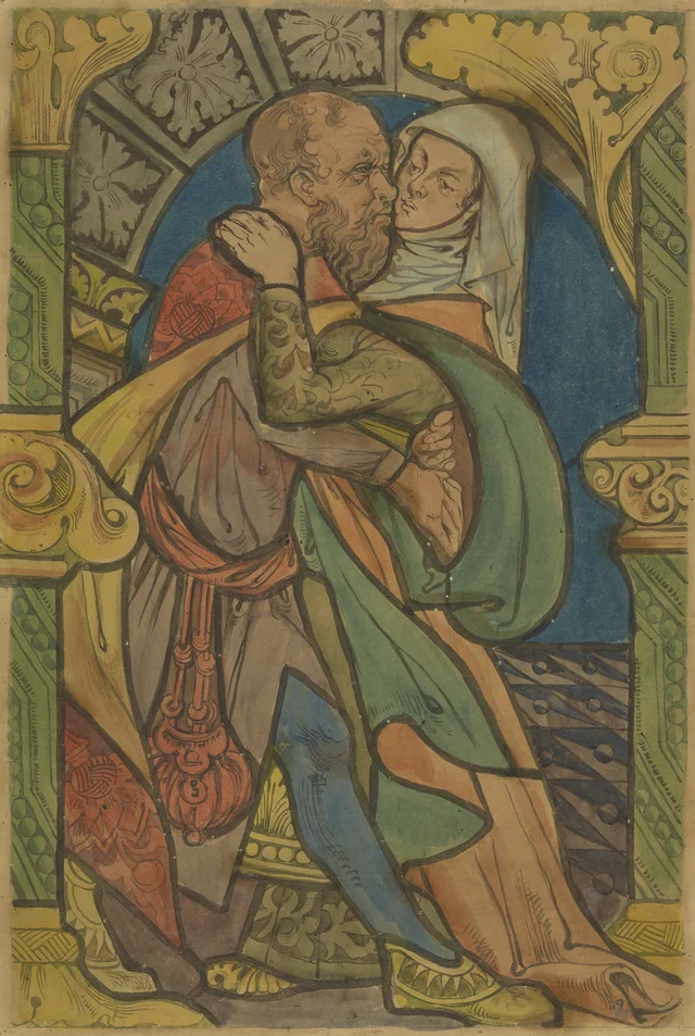«O Encontro na Porta Dourada», projeto de painel para a janela oeste da igreja de Nossa Senhora de Cracóvia, do portfólio «Cenas da vida da Virgem e de Cristo»