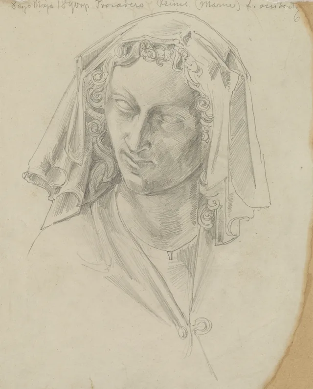 Estudo da cabeça da profetisa Ana segundo a escultura do portal da catedral de Reims (frente). Estudo de cabeça de mulher (verso). Página 6 do álbum de Zygmunt Ehrenpreis