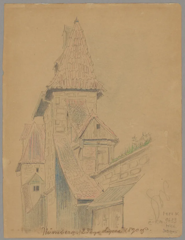 Esboços de Nuremberg. Edifícios da cidade à beira do rio (frente). Muralhas com uma torre (verso)