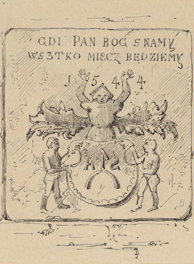 Plaque aux armes Ogończyk et à la devise, détail de la façade du manoir de Jeżów, dessin pour l'illustration du « Portfolio du Groupe des conservateurs de Galicie occidentale », t. I, p. 123, fig. 7, Stanisław Wyspiański