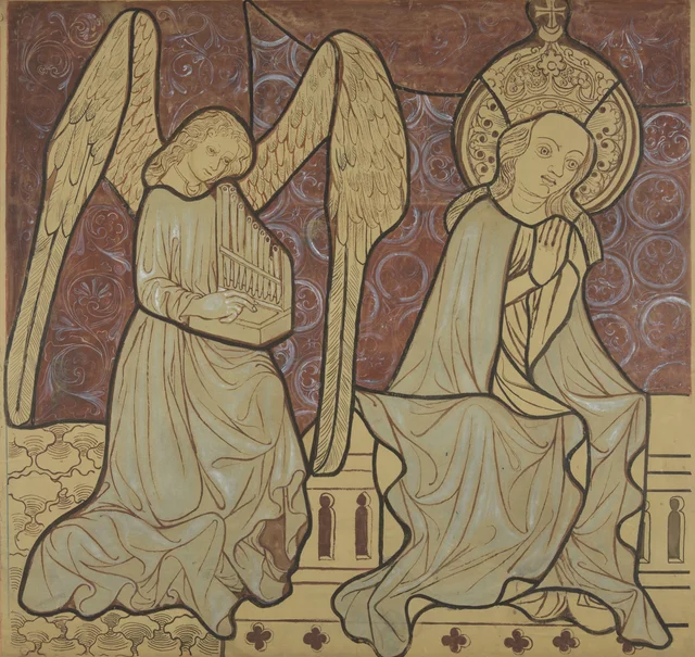 A Virgem em majestade com um anjo, cena da «Coroação da Virgem» (parte esquerda), reconstituição artística de um painel de vitral da igreja dos Dominicanos de Cracóvia