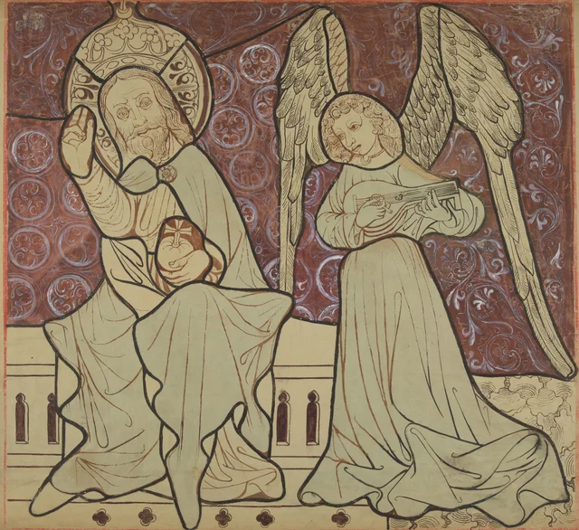 Cristo em majestade com um anjo, cena da «Coroação da Virgem» (parte direita), reconstituição artística de um painel de vitral da igreja dos Dominicanos de Cracóvia