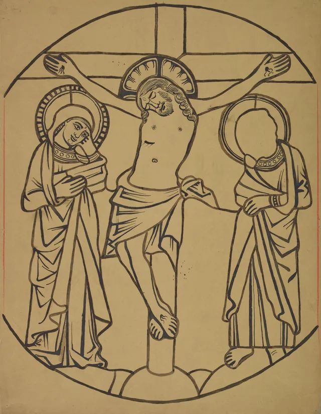 Crucificação, reconstituição artística de um painel de vitral da igreja dos Dominicanos de Cracóvia