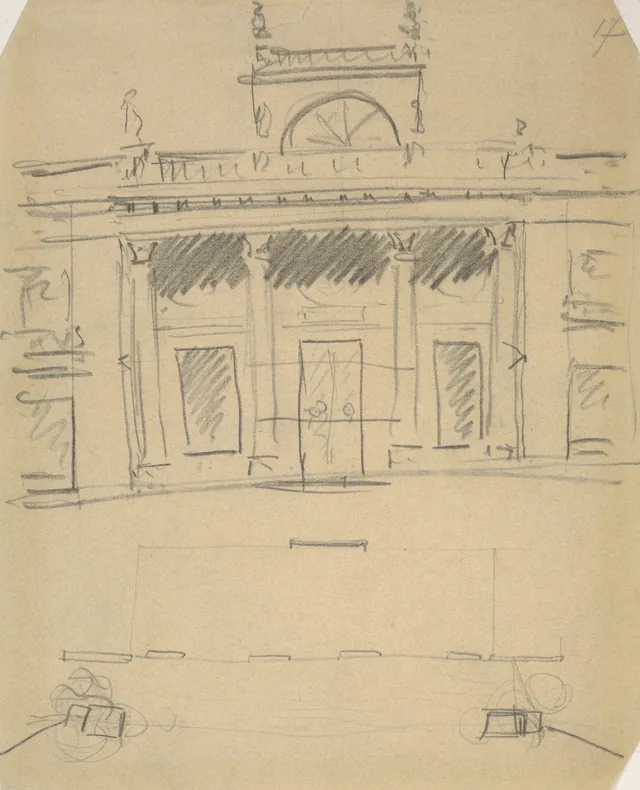 «No palácio de Łazienki (vestíbulo do palácio com colunata)», esboço de cenário para a cena VIII da «Noite de novembro», Stanisław Wyspiański