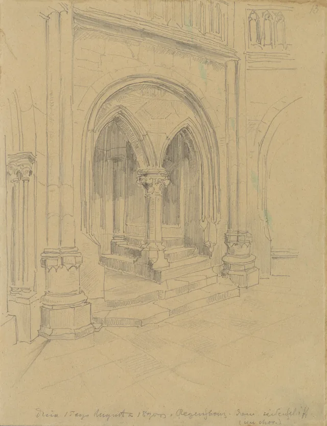 Entrada em arcada no coro sul da catedral de São Pedro de Ratisbona (frente). Passagem coberta da casa do capítulo para a catedral, lado norte (verso). Página 13 do álbum de Zygmunt Ehrenpreis