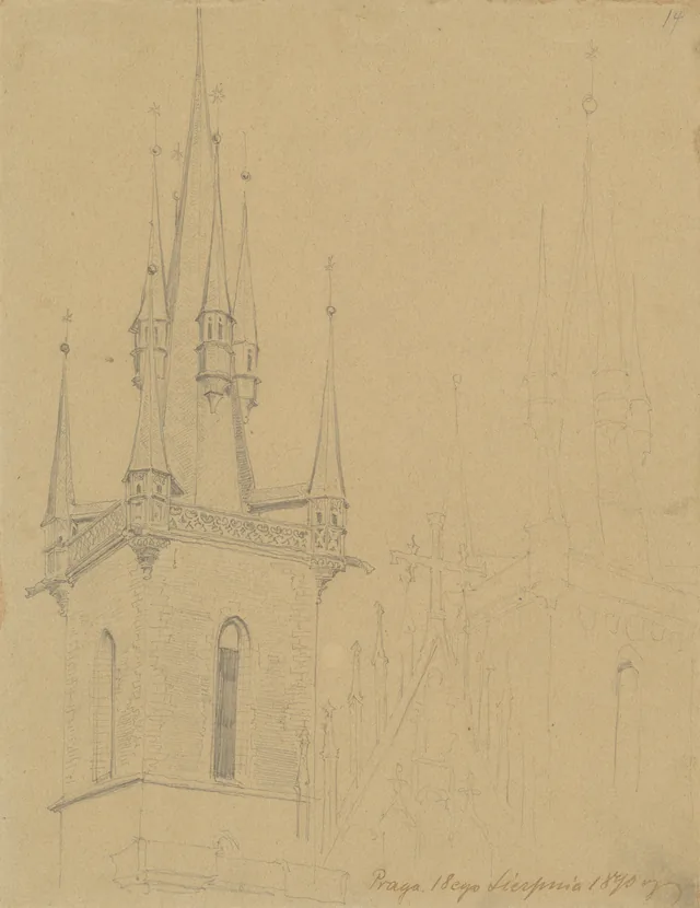 Torres da igreja de Nossa Senhora de Týn (frente). Ponte Carlos e torre de Malá Strana em Praga (verso). Página 14 do álbum de Zygmunt Ehrenpreis