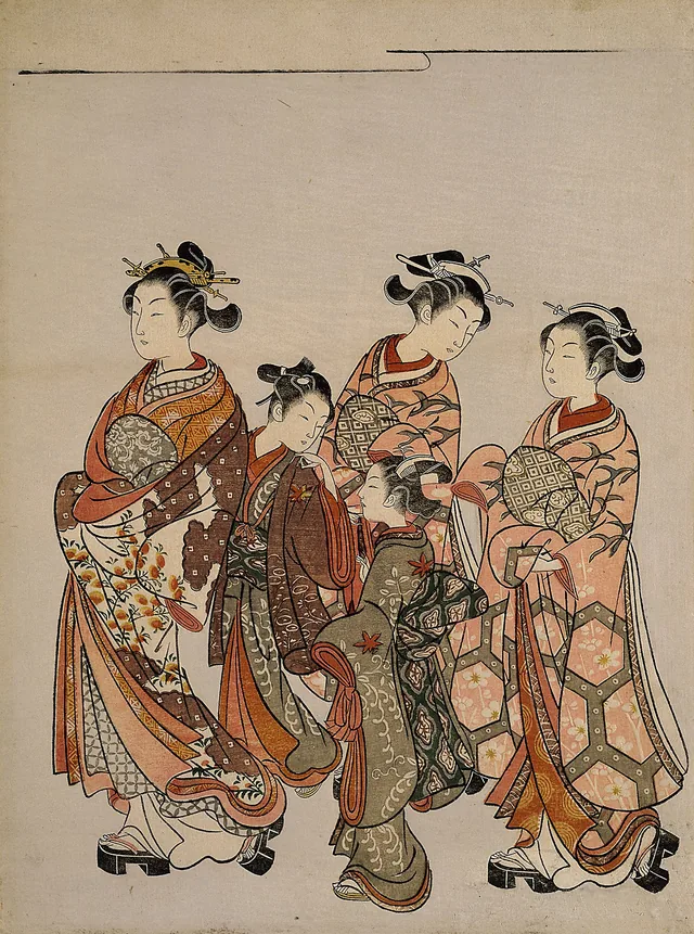 道中の遊女と二人の禿、二人の新造