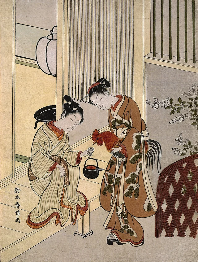 Amantes dando saquê a um galo, Suzuki Harunobu