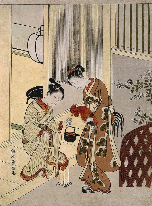 Lovers Plying a Rooster with Sake, Suzuki Harunobu