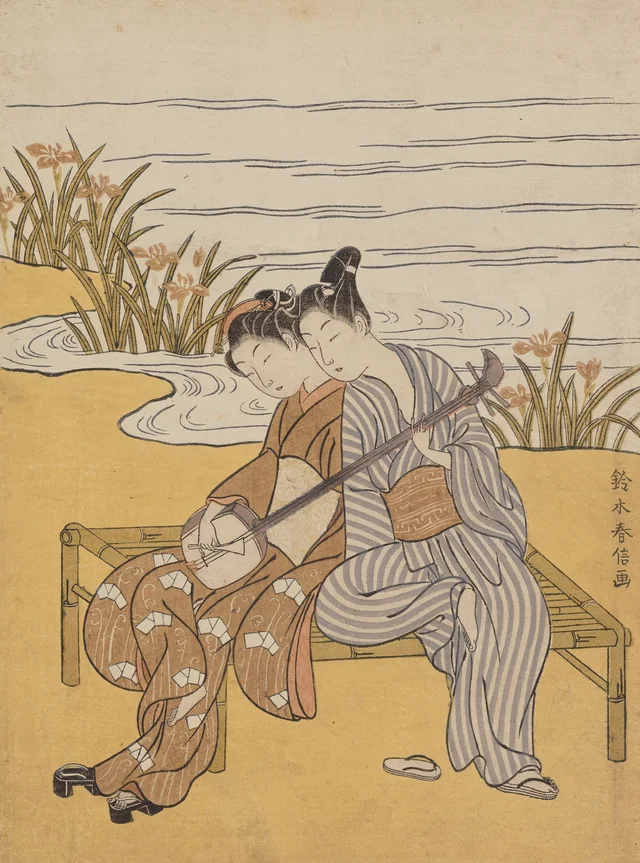 Dois amantes tocando um único shamisen, Suzuki Harunobu
