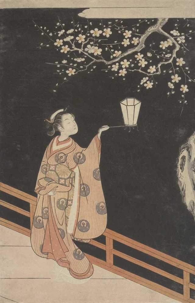 Mulher admirando flores de ameixeira à noite, Suzuki Harunobu