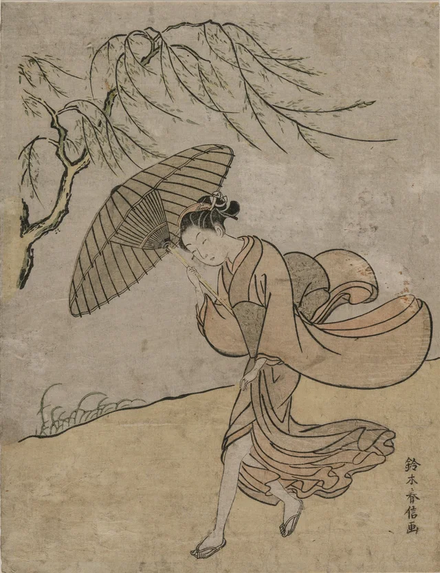 Woman Running Past a Willow Tree in a Breeze