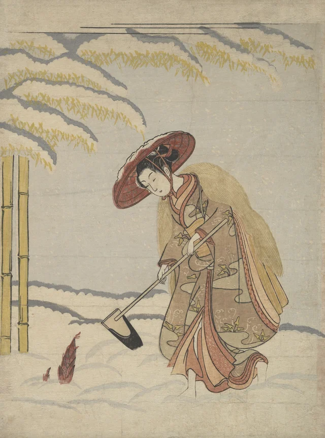 Mulher cavando brotos de bambu na neve, ou paródia de Meng Zong (Mōsō), da série Os vinte e quatro exemplos de piedade filial, Suzuki Harunobu