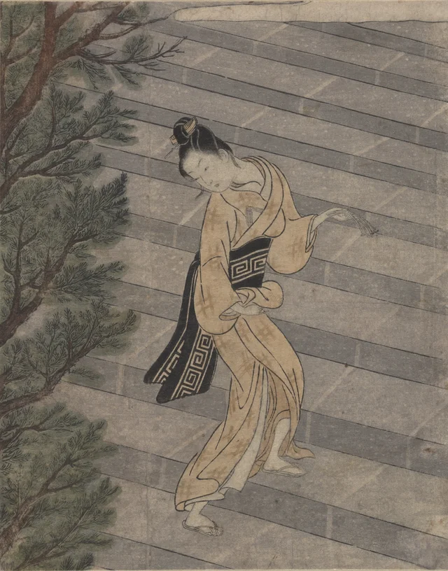 Young Woman Climbing Stone Stairs to a Shinto Temple