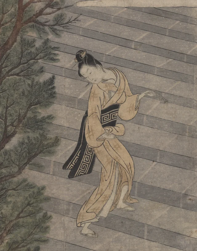 Joven subiendo las escaleras de piedra de un templo sintoísta, Suzuki Harunobu