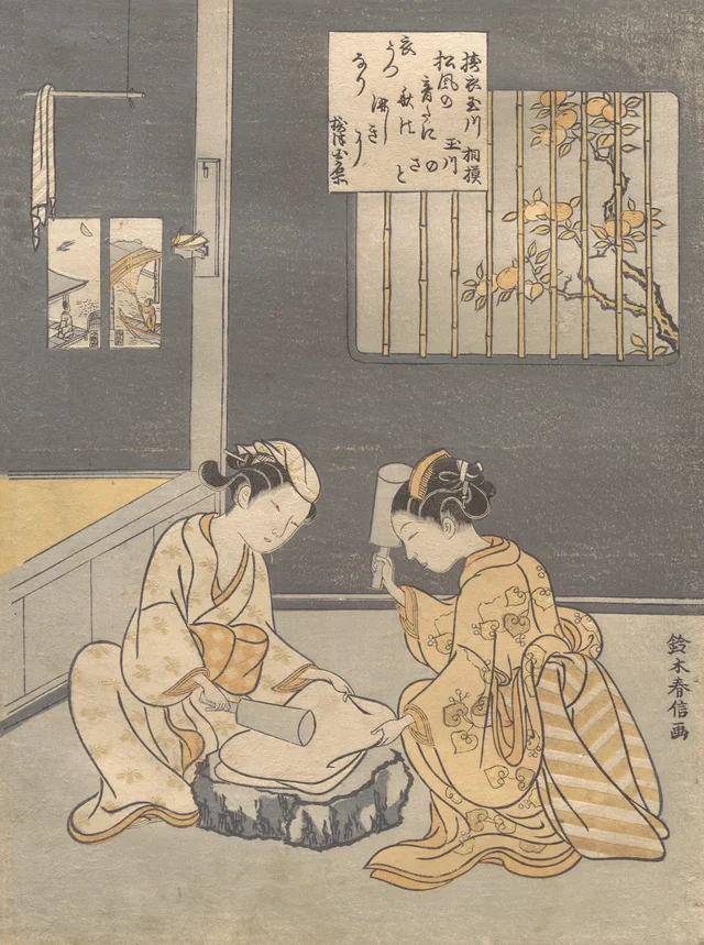 O rio Jewel onde se bate o tecido, lugar célebre da província de Settsu (Tōi no Tamagawa), de uma série sem título dos Seis rios Jewel (Mu Tamagawa), Suzuki Harunobu