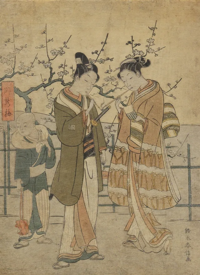 Young Couple Lighting Pipes beside the Sleeping Dragon Plum Tree, Suzuki Harunobu