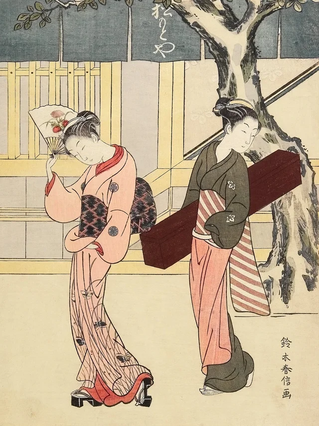 Uma artista e sua criada diante da casa Matsumoto-ya, Suzuki Harunobu