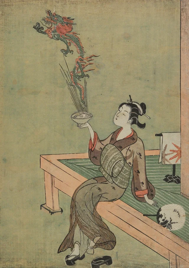 Mulher comparada a um eremita chinês manejando um dragão, Suzuki Harunobu
