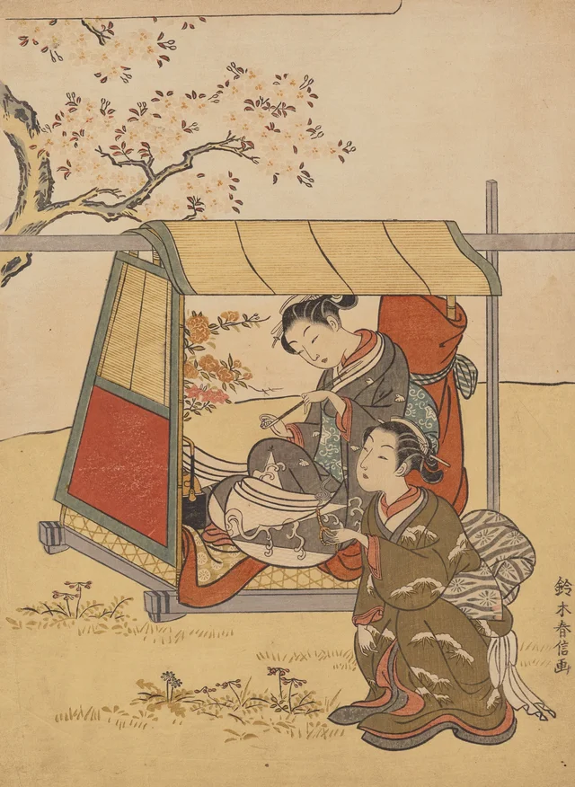 Jovem contemplando as cerejeiras em flor, paródia da dama Nakanokimi, Suzuki Harunobu